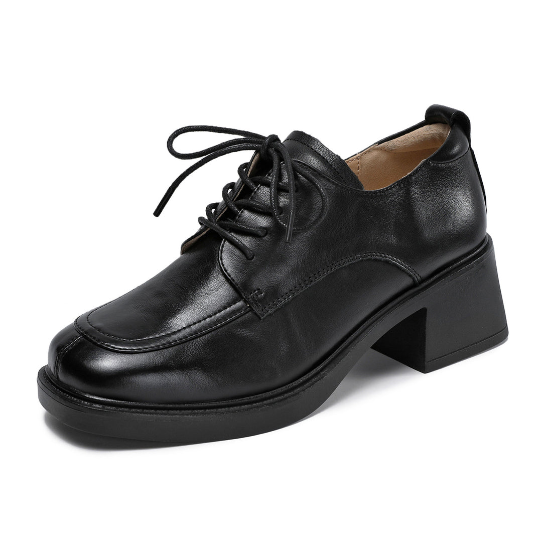 Women's Top-Grain Leather Oxford Shoes Chunky High Heel Lace Up Platform Pumps