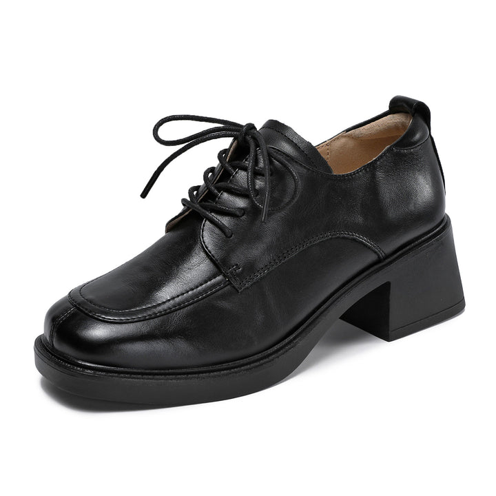 Women's Top-Grain Leather Oxford Shoes Chunky High Heel Lace Up Platform Pumps