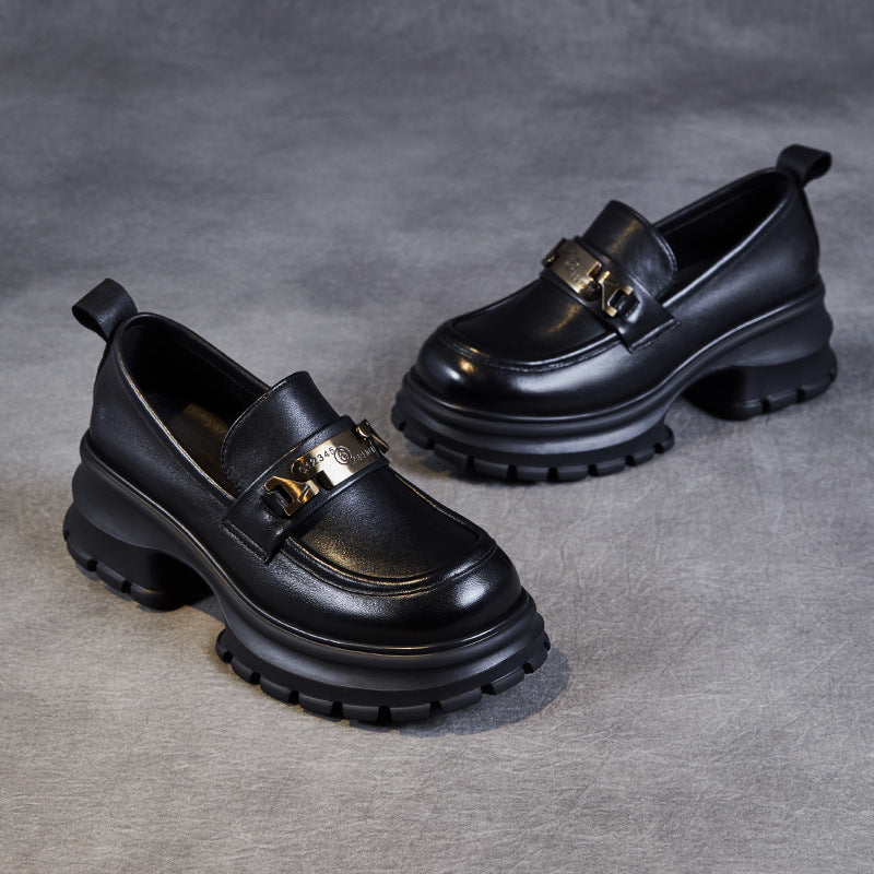 Women's Genuine Leather Platform Loafers - Chunky Heel with Metallic Hardware Details