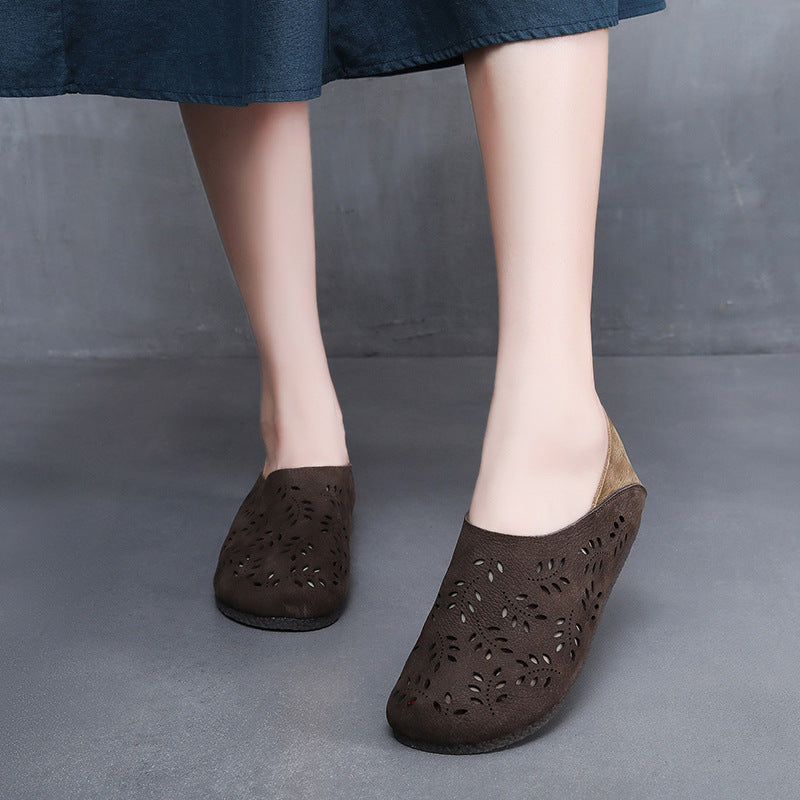 Women's Leather Loafers - Cut-Out Leaf Perforated Flat Sandals Casual Slip-On Summer Shoes