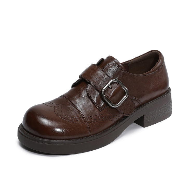 Women's Genuine Leather Chunky Platform Monk Strap Loafers Vintage Brogue Slip-on Shoes