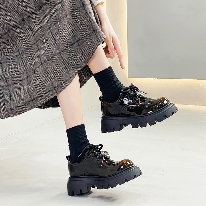 Women's Leather Oxford Shoes - Platform Chunky High Heel Derby  Shoes Lace-up Round Toe Spring Fall Brogues