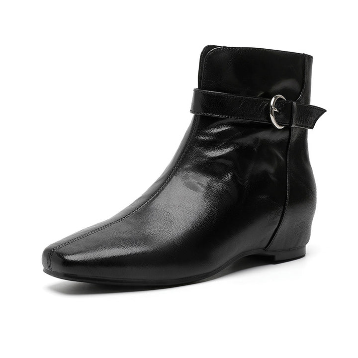 Women's Soft Sheepskin Ankle Boots Side Zipper Square Toe Low Heel Booties