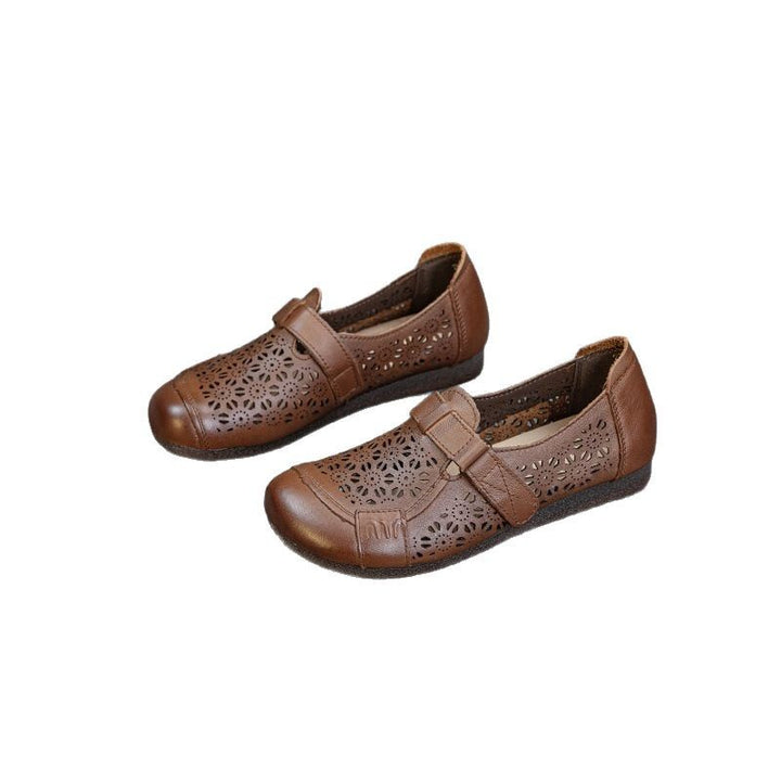 Women's Summer Leather Hollow Out Breathable Slip On Flat Sandals