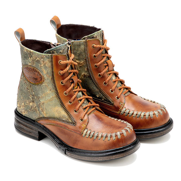 Women's Vintage Distressed Denim Sheepskin Ankle Boots Side Zipper Lace Up Combat Booties