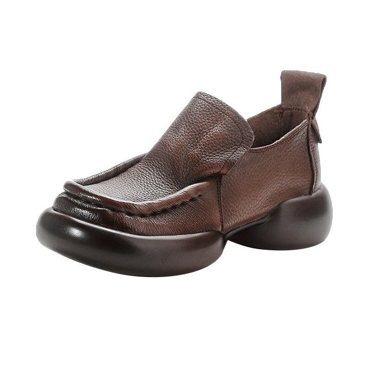 Women's Minimalist Platform Loafers - Leather Elevated Flats - Breathable Unlined Slip-Ons