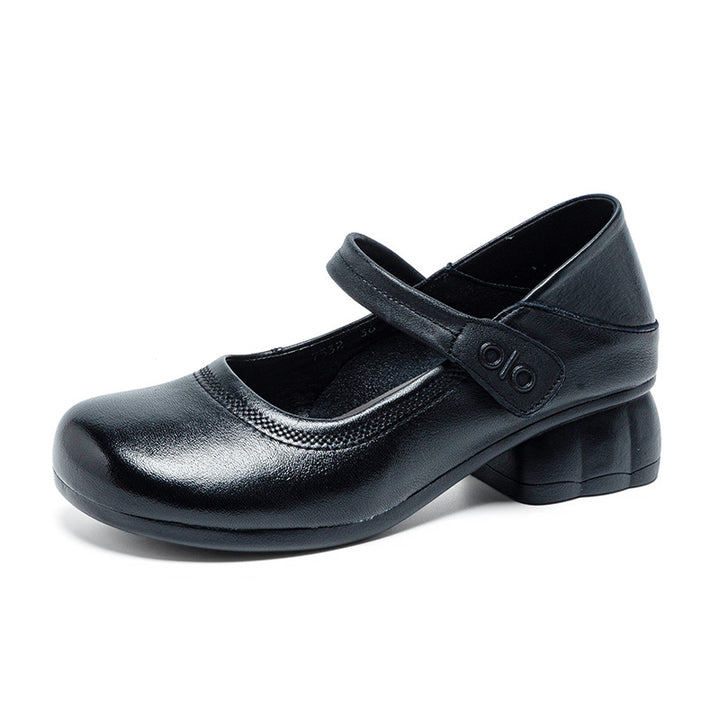 Women's Leather Mary Janes - Round Toe Vintage Instep Strap Block Chunky Heel Pumps