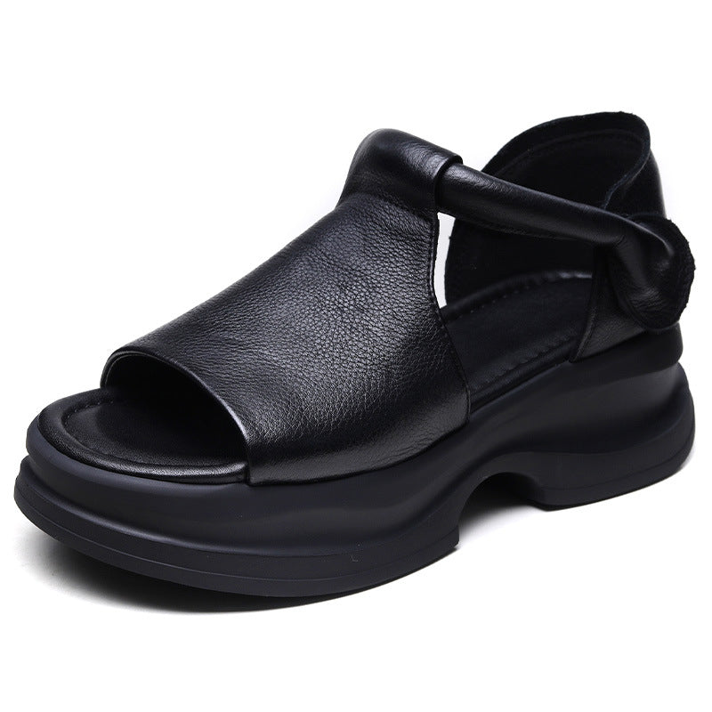 Open-toe Lightweight Leather Chunky Sandals for Women - Platform Summer Slides with Velcro Strap