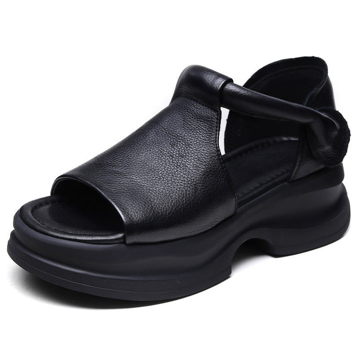 Open-toe Lightweight Leather Chunky Sandals for Women - Platform Summer Slides with Velcro Strap