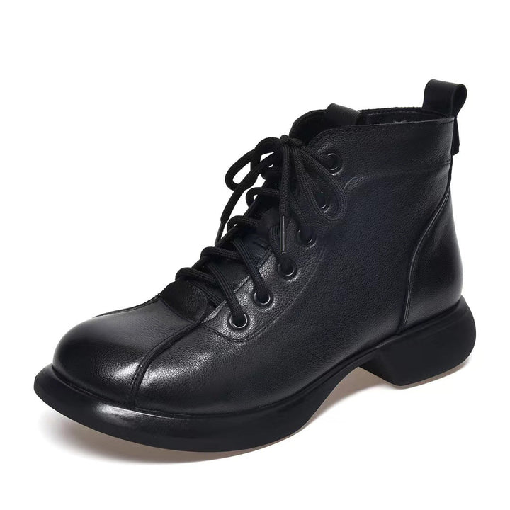 Women’s Vintage Leather Lace-Up Ankle Boots – Mid Heel Side Zip Design