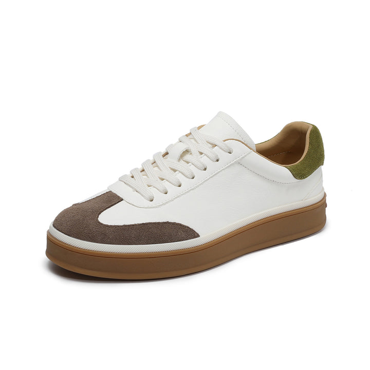 Womens Retro Cowhide Suede Patchwork Sneakers Vintage Round Toe Gum Sole Lace-up Flats