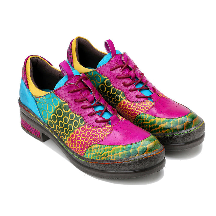 Dopamine Style Vibrant Leather Flats for Women - Artsy Geometric Print Lace-up Casual Shoes
