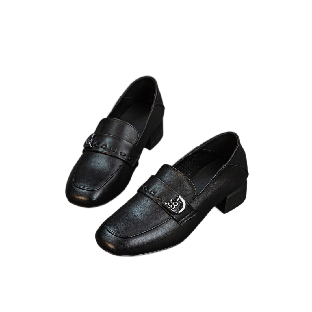 Women's Cowhide Leather Square Toe Pumps Vintage Mid Heel Loafers Microfiber Lining