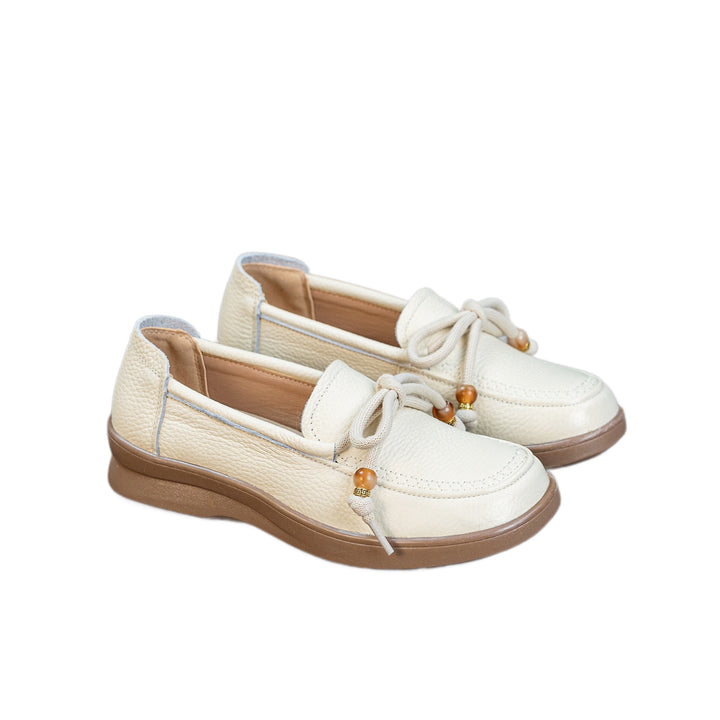 Women's Genuine Leather Loafers Beaded Knot Round Toe Slip On Platform Shoes