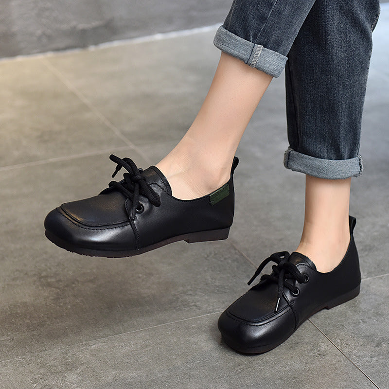 Women's Soft Leather Casual Flats – Comfortable Lace-Up Shoes