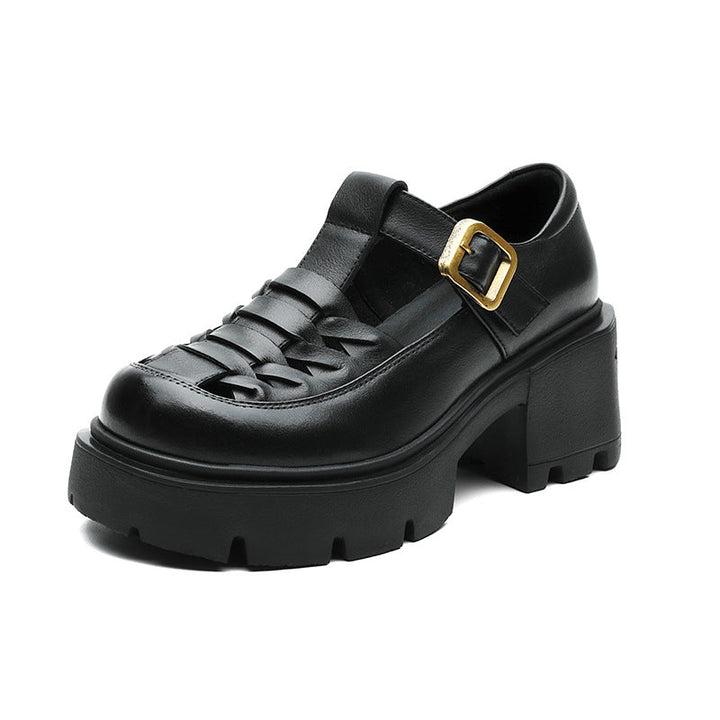 Women's Genuine Leather Fisherman Sandals - Chunky High Heel & Closed Toe Design
