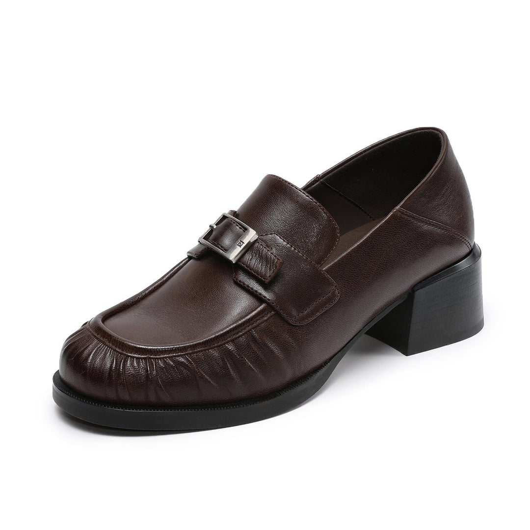 Women’s Sheepskin Leather Loafers – British Style Block Heel Mid Heel Shoes