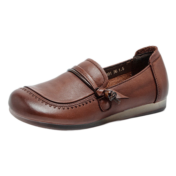 Women's Genuine Leather Knot Loafers Round Toe Slip On Flat Shoes Soft Sole