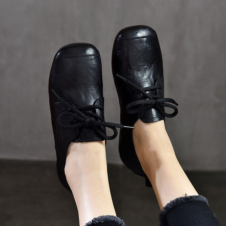 Genuine Leather Square Toe Retro Lace Up Flats Women's Shoes