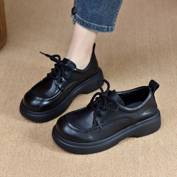 Women's Leather Casual Lace-up Round-Toe Low-Heel Daily Shoes