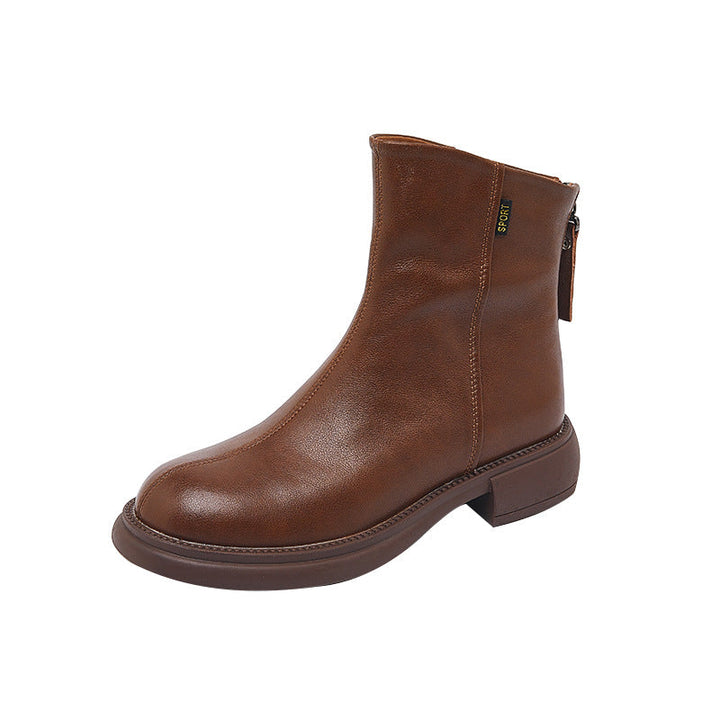 Women’s Leather Ankle Boots – Low Heel Back Zip Comfortable Casual Shoes