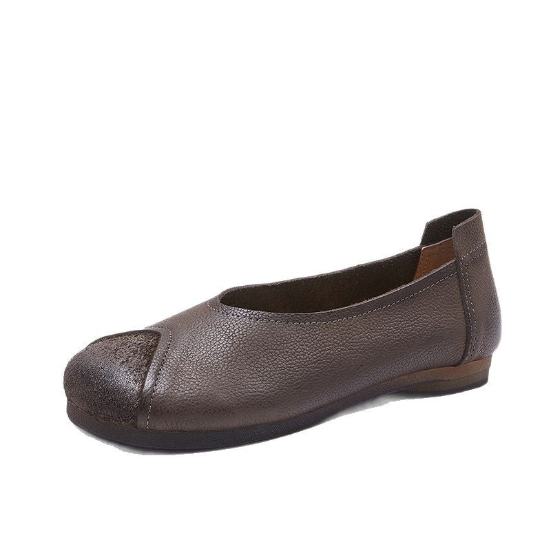 Women's Retro Leather Pumps Vintage Pointed Toe Slip-on Chunky Low Heels