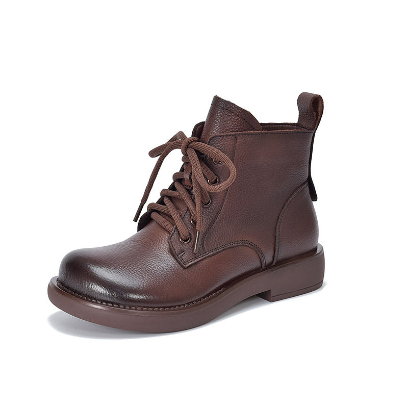 Women's Vintage Leather Ankle Boots Zipper Lace Up Flat Combat Booties