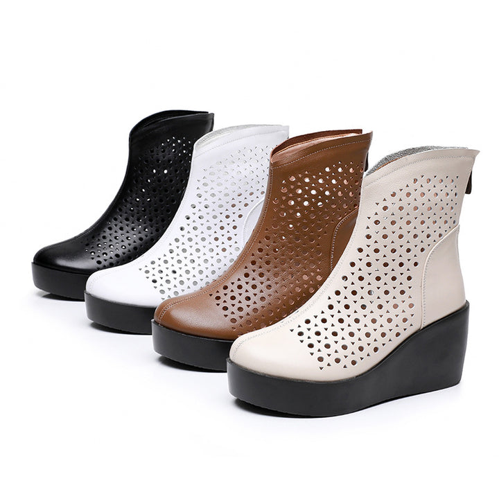 Women‘s Retro Cowhide Ankle Boots Vintage Round Toe Cutout Perforated Wedge Platform High Heels
