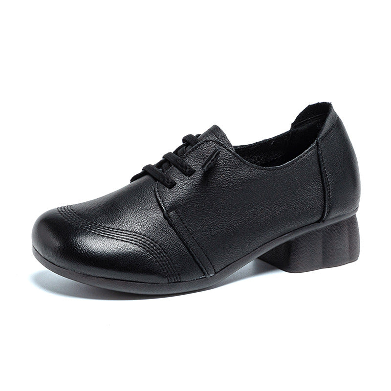 Women's Leather Low Block Heel Lace-Up Casual Shoes