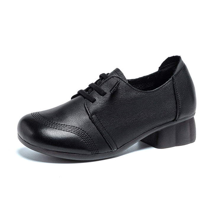 Women's Leather Low Block Heel Lace-Up Casual Shoes