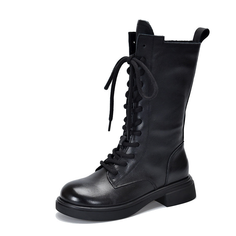 Women's Mid Calf Combat Boots Top-Grain Leather Lace Up Side Zipper Platform Booties
