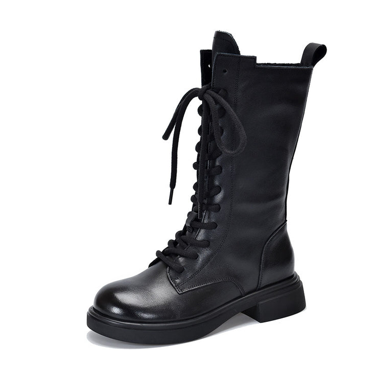 Women's Mid Calf Combat Boots Top-Grain Leather Lace Up Side Zipper Platform Booties