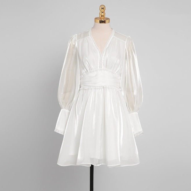 White V-neck Lantern Sleeve High Waist A-line Dress