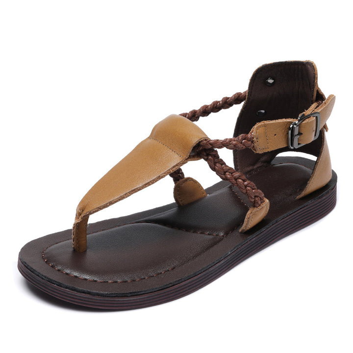 Women's Leather T-Strap Sandals - Vintage Braided Strappy Thong Flat Sandals Summer Buckle Slingback Shoes
