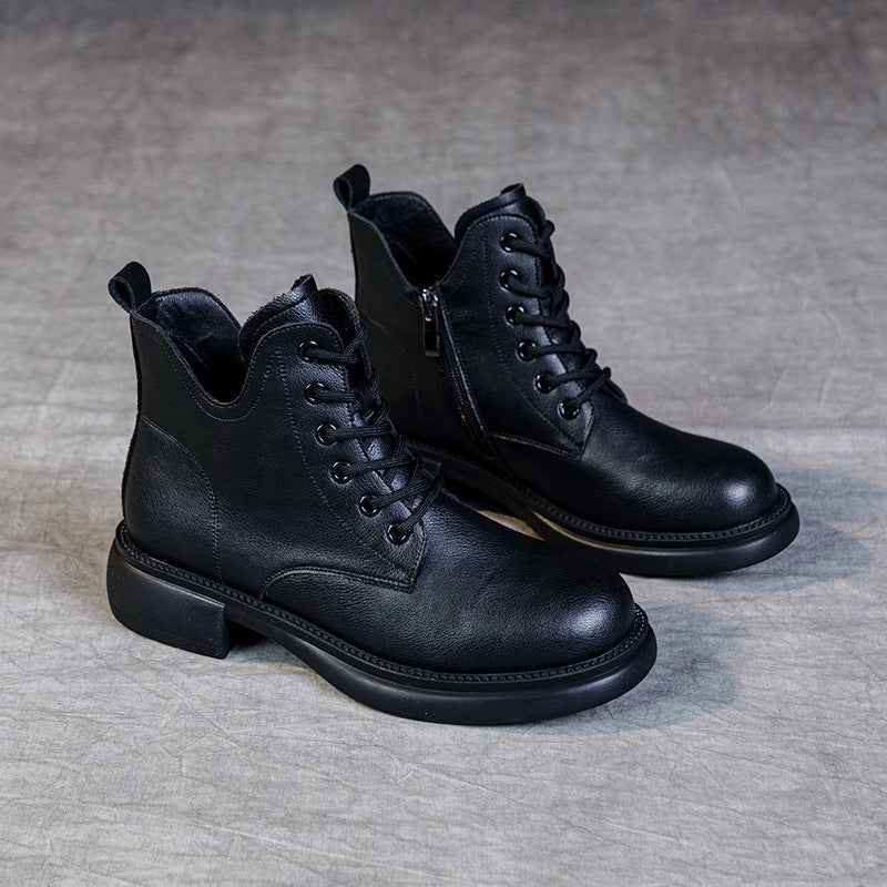 Women's Leather Ankle Boots - Vintage V-Cut Collar Lace-Up Side Zipper Booties Chunky Heel Comfort Shoes