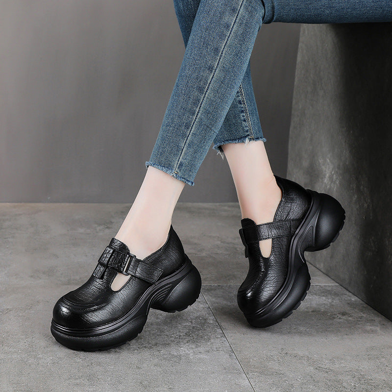 Women's Chunky Loafers - Leather Elevated Flats - Breathable Unlined Design with Velcro Strap