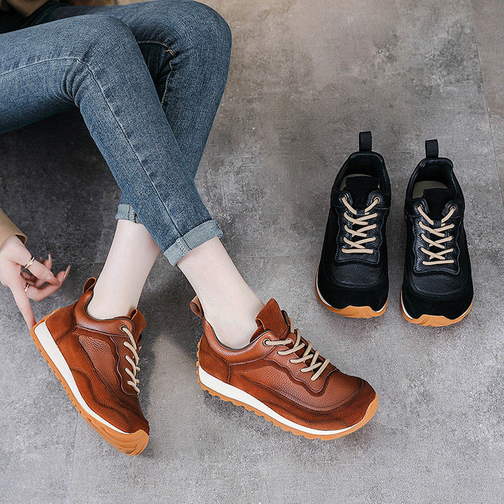 Women's Vintage-Style Mixed Texture Leather Runners - Breathable Cowhide Walking Shoes