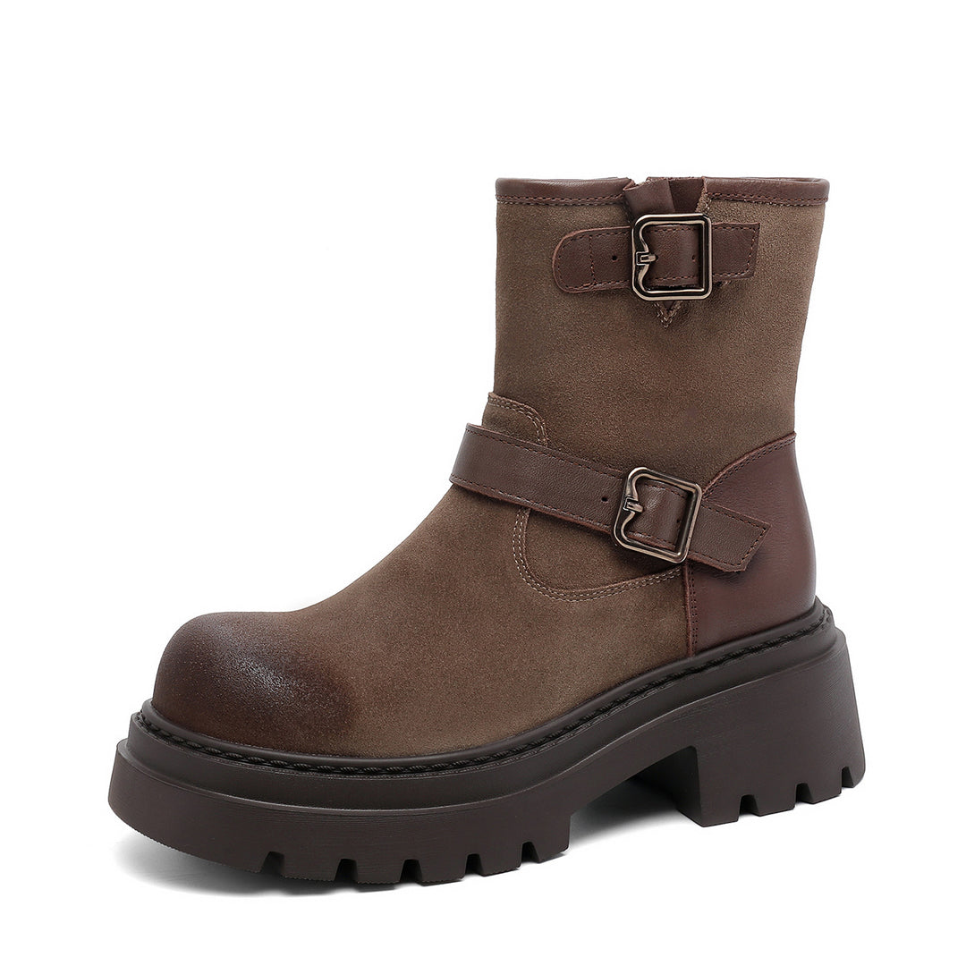 Women's Buckle Strap Cowhide Ankle Boots Chunky Platform Mid Heel Motorcycle Boots