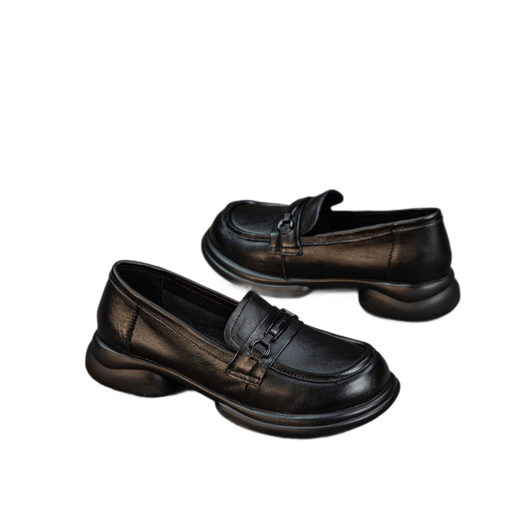 Women's Genuine Leather Loafers Round Toe Slip On Chunky Platform Shoes