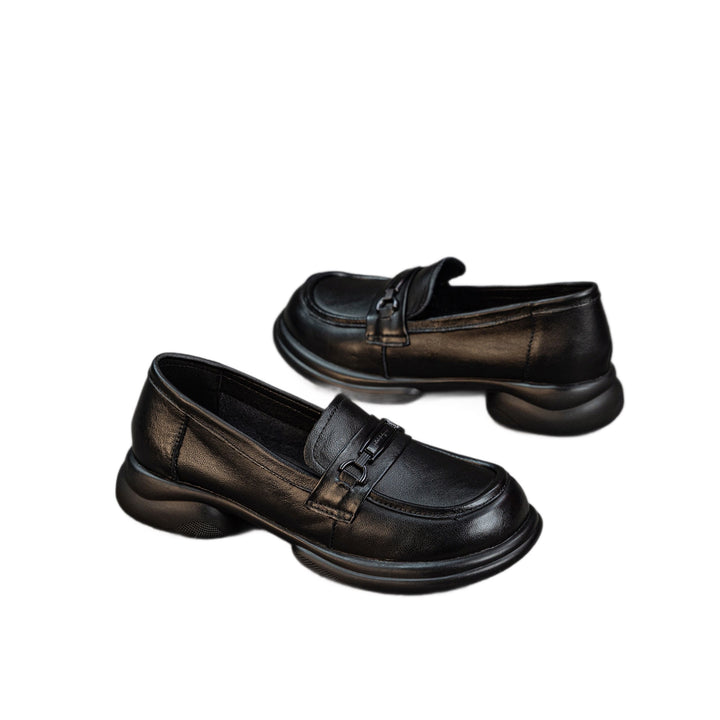 Women's Genuine Leather Loafers Round Toe Slip On Chunky Platform Shoes