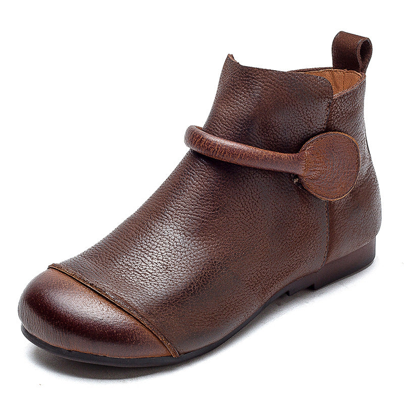 Women's Retro Leather Ankle Boots Vintage Round Toe Velcro Short Booties
