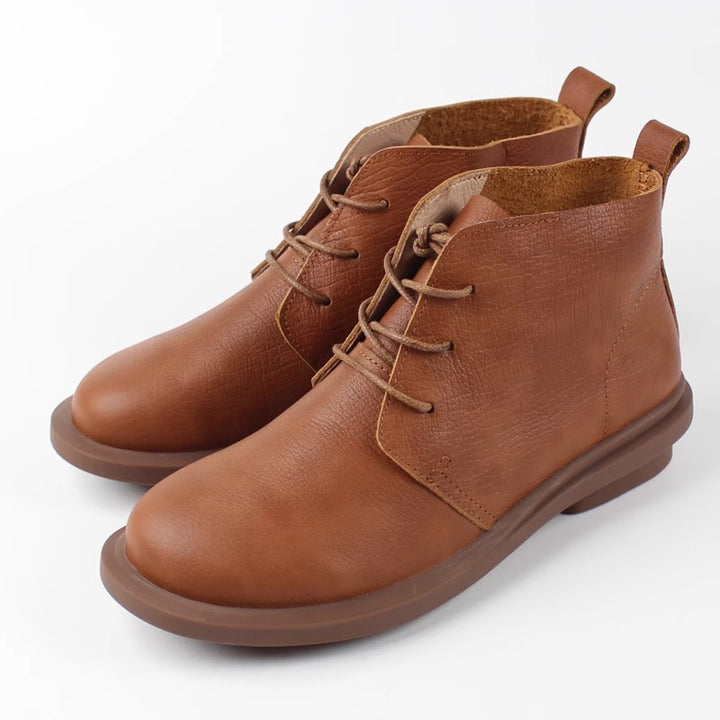 Womens Head Layer Cowhide Retro Short Boots Soft Sole Lace Up British Style Shoes