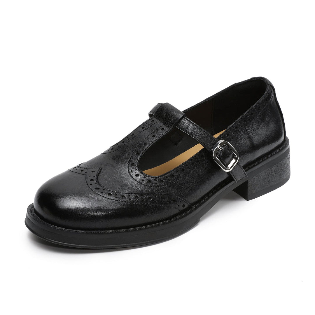 Women's Brogue T-Strap Mary Janes - Unlined Cowhide Leather - Block Heel