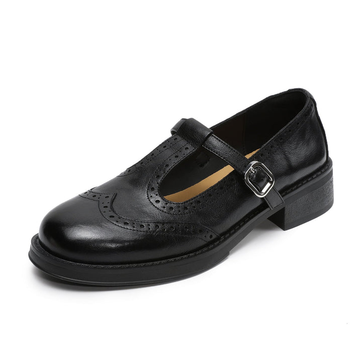 Women's Brogue T-Strap Mary Janes - Unlined Cowhide Leather - Block Heel