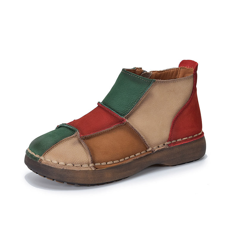 Women's Vintage Patchwork Leather Ankle Boots Hand-Stitched Flat Booties Zipper