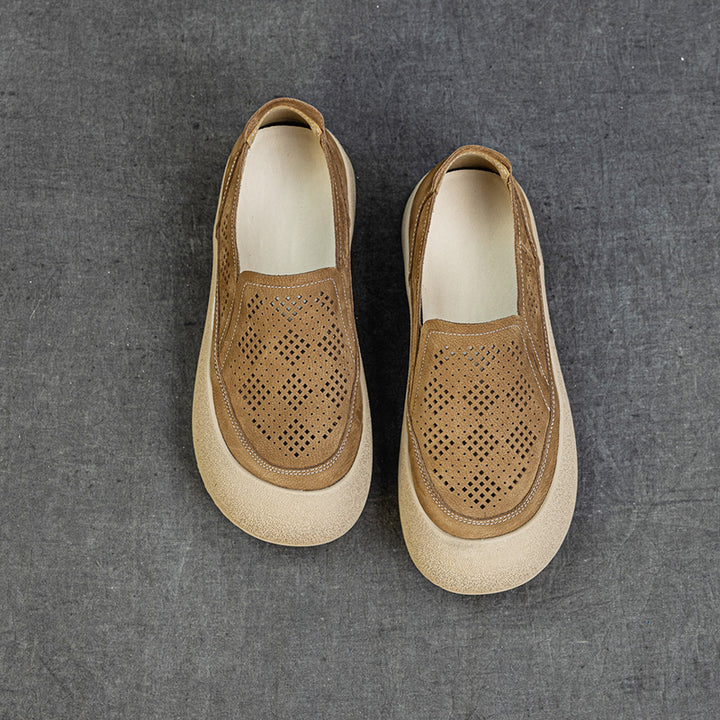 Womens Summer Perforated Leather Slip-on Loafers Breathable Platform Casual Walking Shoes