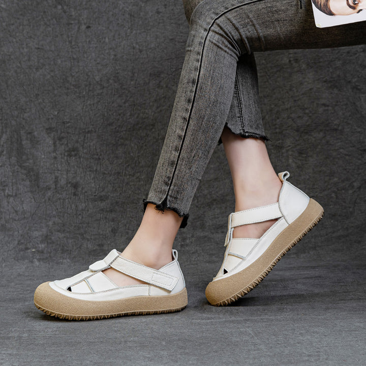 Womens Retro Woven Leather Fisherman Sandals Velcro Closed Toe Platform Walking Shoes
