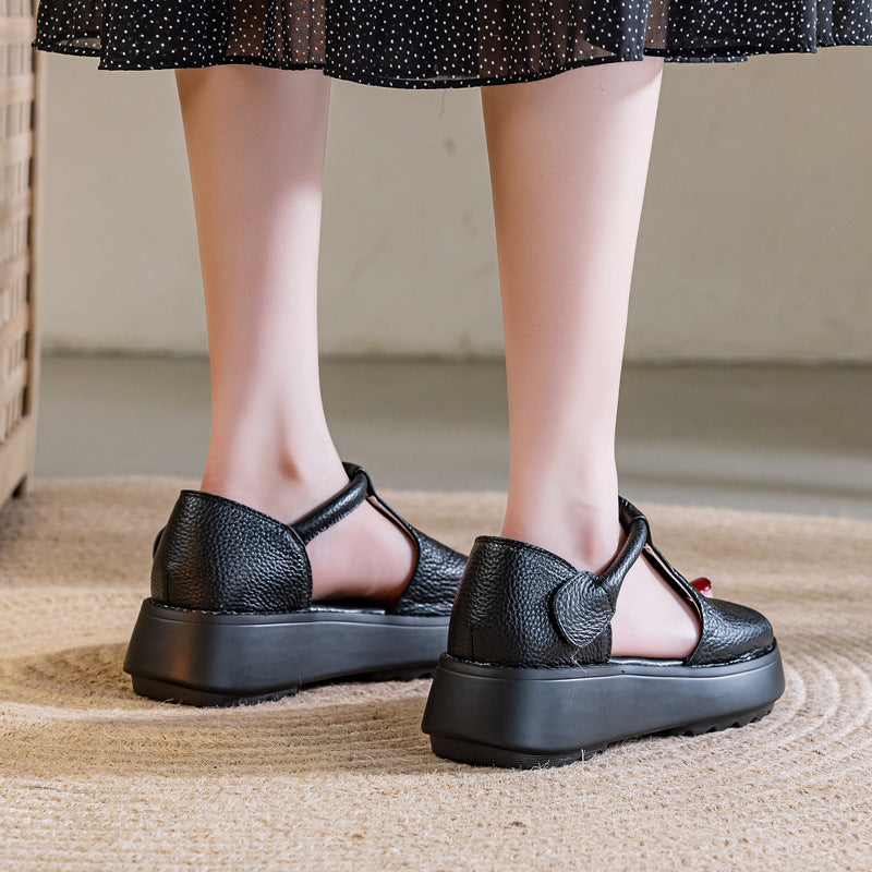 Women's Leather Thick-Sole Open-Toe Casual Velcro Sandals