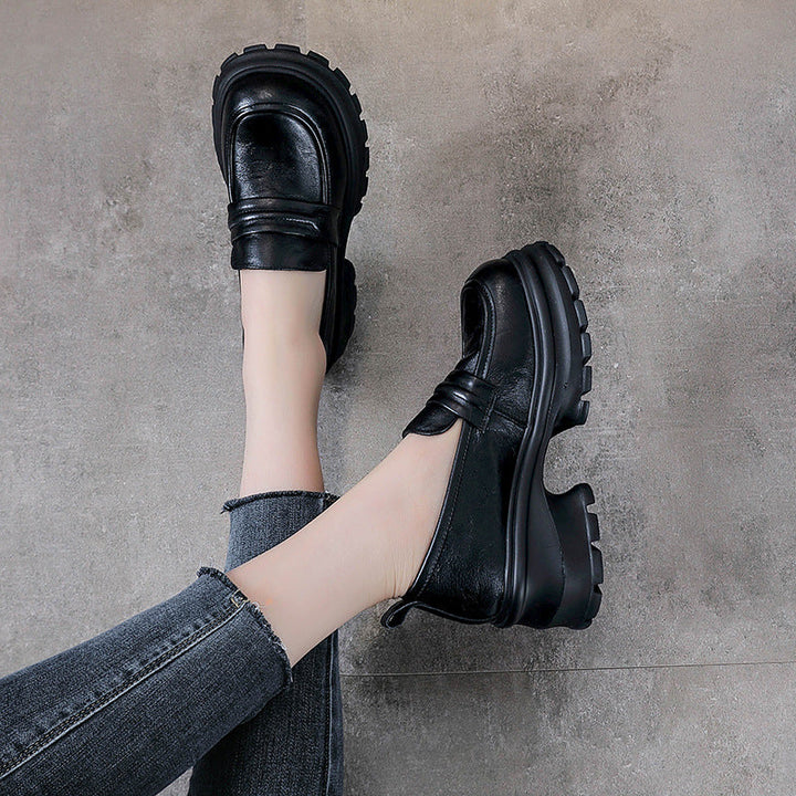 Women's Chunky Lug-Sole Loafers - Leather Elevated Platforms - Ultra-Lightweight Slip-Ons