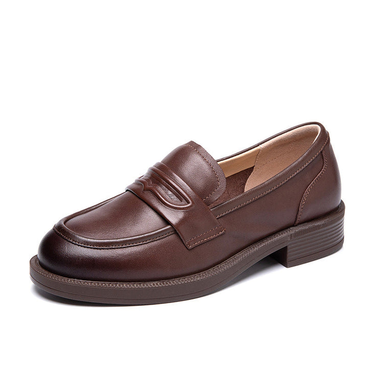 Comfortable Leather Penny Loafers for Women - Classic Round Toe Slip-On Shoes